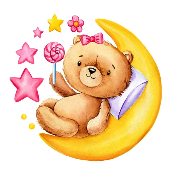Cute teddy bear with star and moon isolated on white background. Watercolor hand draw illustration teddy bear . High quality illustration