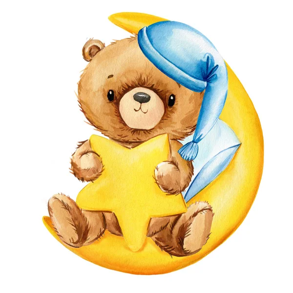 Cute Baby Teddy Bear Sleeping Moon Isolated White Background Watercolor — Stock Photo, Image