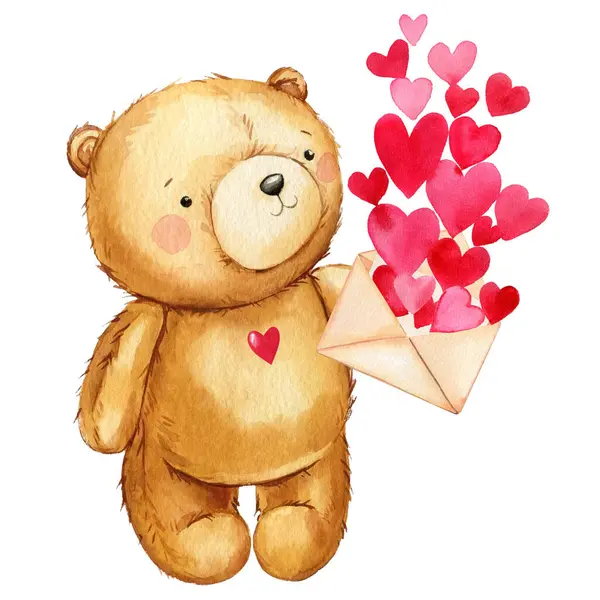 Teddy bear with heart. Hand painted watercolor illustration isolated white background. Valentines Day . High quality illustration