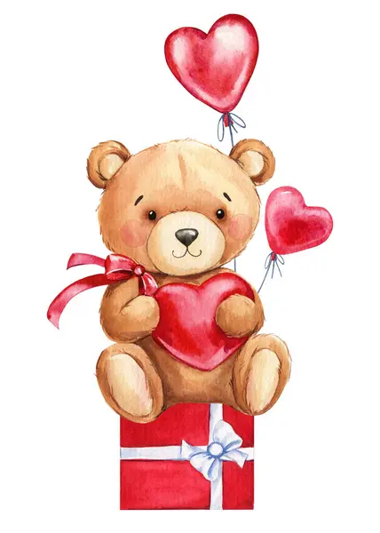 Teddy bear with heart balloon and bird, Hand painted watercolor illustration isolated on white background. Valentines Day . High quality illustration