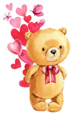 Ayıcık ve kalp suluboya izole beyaz arka plan, sanat posteri, şirin ayı eli çizimi. Oyuncak Sevgililer Günü. Yüksek kaliteli illüstrasyon