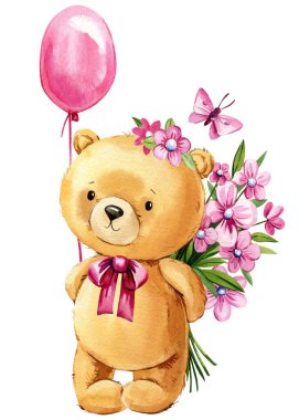 İzole edilmiş arka planda sevimli oyuncak ayı çizgi filmi. Suluboya el çizimi çizimi. Sevgililer Günü oyuncakları izole edilmiş. Yüksek kaliteli illüstrasyon