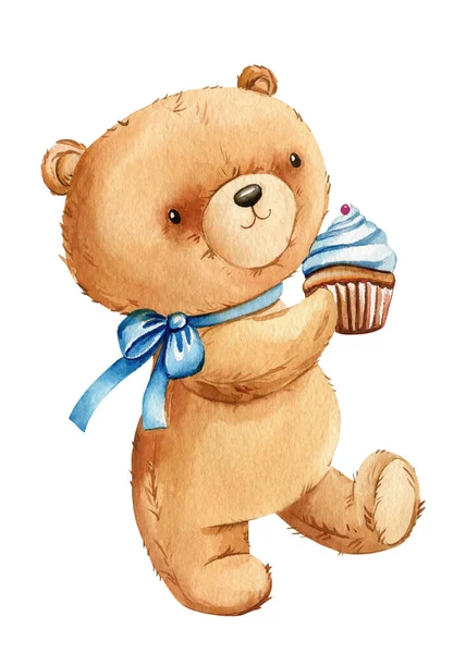 Watercolor hand drawn bear with cupcake on white isolated background for cards, invitations. Cute cartoon watercolor teddy bears. High quality illustration