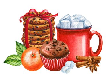 Noel Tatlı Suluboya Çizimi, Sıcak içecek, tatlılar ve beyaz arka planda izole edilmiş fırın çizimi. Yüksek kaliteli illüstrasyon