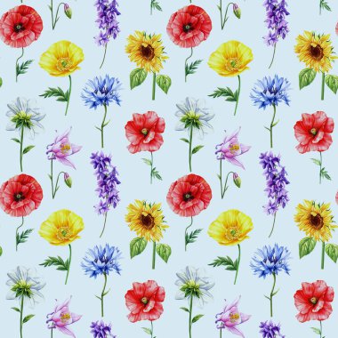 Yaz çiçekleri suluboya ile kusursuz desen. Çiçek tasarımı zarif botanik arka plan. Renkli bahçe çiçekleri. Yüksek kaliteli illüstrasyon