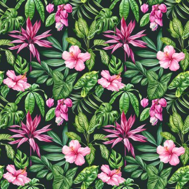 Egzotik çiçek deseni. Yaz baskısında tropik çiçekler ve palmiye yaprakları. Tropik palmiye yaprakları, orman yaprakları dikişsiz suluboya çiçek desenli arka plan. Yüksek kaliteli illüstrasyon