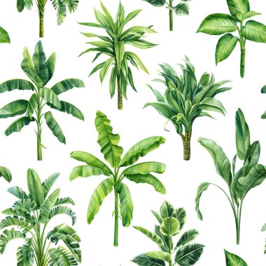 Egzotik çiçek deseni. Yaz baskısında tropik yeşil bitki. Suluboya tropikal palmiye yaprakları, dikişsiz orman deseni. Yüksek kaliteli illüstrasyon