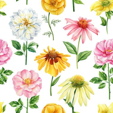 Bahar çiçekleri suluboya ile kusursuz desen. Çiçek tasarımı, zarif botanik geçmişi. Bahçe çiçekleri Yüksek kaliteli illüstrasyon