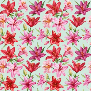 Çiçeklerin suluboya çizimi, izole edilmiş arka planda kusursuz desenli zambaklar, el çizimi Lily Flora. Yüksek kaliteli illüstrasyon