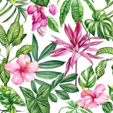 Egzotik çiçek deseni. Yaz baskısında tropik çiçekler ve palmiye yaprakları. Tropik palmiye yaprakları, orman yaprakları dikişsiz suluboya çiçek desenli arka plan. Yüksek kaliteli illüstrasyon