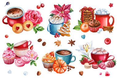 Tatlı set suluboya çizimi, sıcak içecek, tatlılar ve beyaz arka planda izole edilmiş fırın çizimi. Yüksek kaliteli illüstrasyon