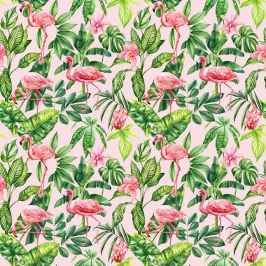 Egzotik çiçek deseni. Yaz baskısında tropik çiçekler ve palmiye yaprakları. Tropik palmiye yaprakları, orman yaprakları dikişsiz suluboya çiçek desenli arka plan. Yüksek kaliteli illüstrasyon