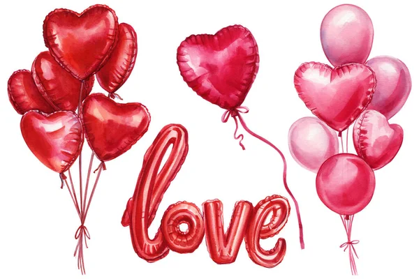 Vörös Szerelem Szív Léggömbök Valentin Napi Kártya Akvarell Illusztráció Elszigetelt — Stock Fotó