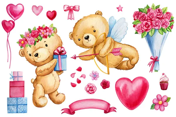 Teddy Urso Amor Conjunto Cupido Presente Flores Rosas Fundo Branco — Fotografia de Stock