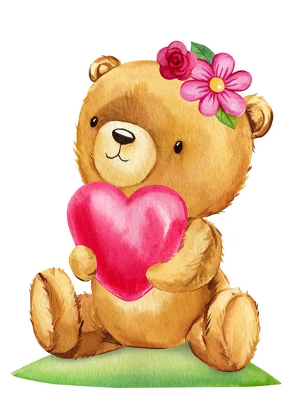 Teddy bear with heart. Hand painted watercolor illustration isolated white background. Valentines Day . High quality illustration