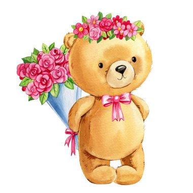 Arkaplanda buket gül çiçekleri olan sevimli oyuncak ayı. Suluboya el çizimi çizimi. Yüksek kaliteli illüstrasyon