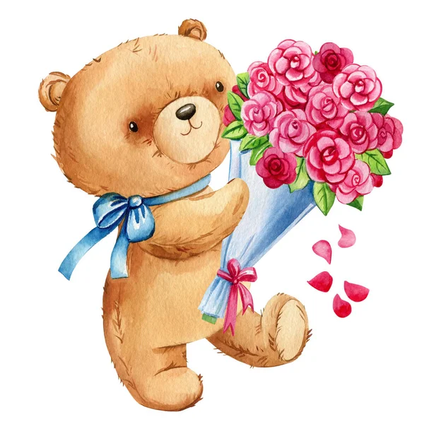 Aranyos Teddy Maci Rózsákkal Rózsaszín Virágokkal Elszigetelt Háttérrel Akvarell Kézzel — Stock Fotó