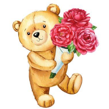 Tatlı oyuncak ayı tasarımı kompozisyonu, duvar resimleri için suluboya çocuk çizimi, kartpostal, kapak tasarımı. Yüksek kaliteli illüstrasyon