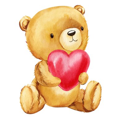 Yürekli bir oyuncak ayı. El boyası suluboya resimleme izole edilmiş beyaz arka plan. Sevgililer Günü. Yüksek kaliteli illüstrasyon