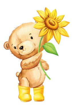 İzole edilmiş beyaz arka planda şemsiyesi olan sarı çizmeli oyuncak ayı. Suluboya illüstrasyon, şirin bebek ayı, Clipart. Yüksek kaliteli illüstrasyon