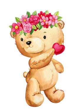 Yürekli bir oyuncak ayı. El boyası suluboya resimleme izole edilmiş beyaz arka plan. Sevgililer Günü. Yüksek kaliteli illüstrasyon