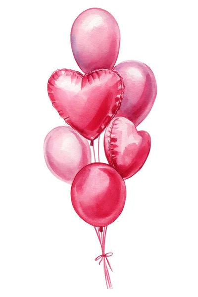 Pink Love Balões Coração Cartão Dia Dos Namorados Ilustração Aquarela — Fotografia de Stock