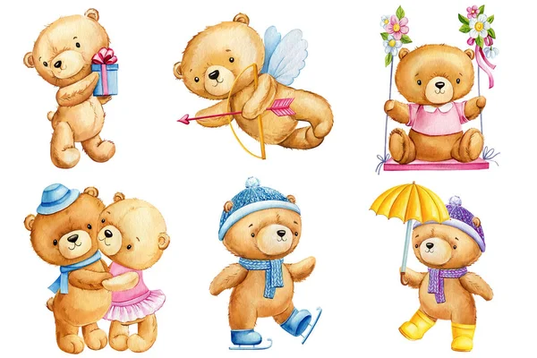 Teddy bears on isolated white background. Watercolor childrens illustration, cute baby bear for design, clipart. High quality illustration