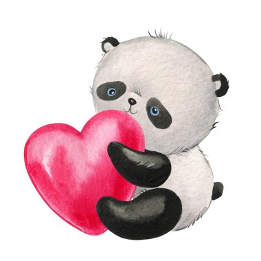 İzole edilmiş arka planda şirin bir panda. Suluboya Çizimi. Bebek baskısı, çıkartma, kartpostal, bebek duşu ve oyunlar için sevimli bir oyuncak ayı. Yüksek kaliteli illüstrasyon