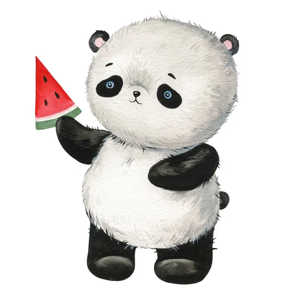 Cute panda with watermelon on isolated background. Watercolor Illustration. Teddy panda bear for print, card, clipart. High quality illustration