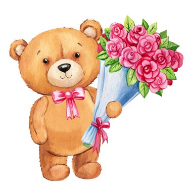 Tatlı oyuncak ayı tasarımı kompozisyonu, duvar resimleri için suluboya çocuk çizimi, kartpostal, kapak tasarımı. Yüksek kaliteli illüstrasyon