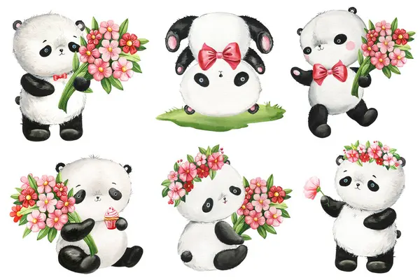Cute funny panda bear and pink flowers hand drawn in watercolor on white isolated background. Hand drawn illustration . High quality illustration