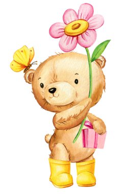 İzole edilmiş beyaz arka planda şemsiyesi olan sarı çizmeli oyuncak ayı. Suluboya illüstrasyon, şirin bebek ayı, Clipart. Yüksek kaliteli illüstrasyon