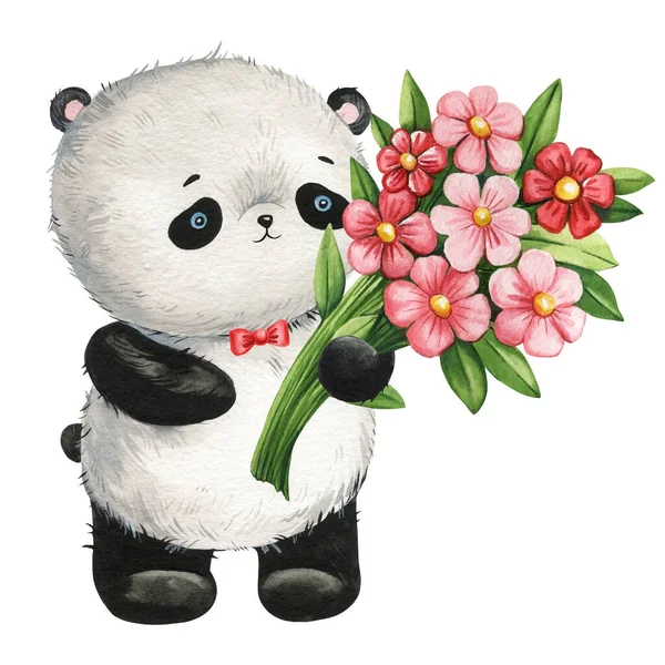 Cute funny panda bear and pink flowers hand drawn in watercolor on white isolated background. Hand drawn illustration . High quality illustration