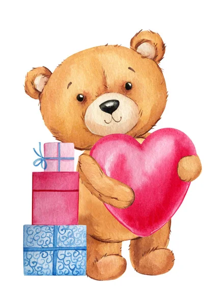 Cute teddy bear, heart and gift design composition, Watercolor kid illustration for poster, postcard, cover design. High quality illustration