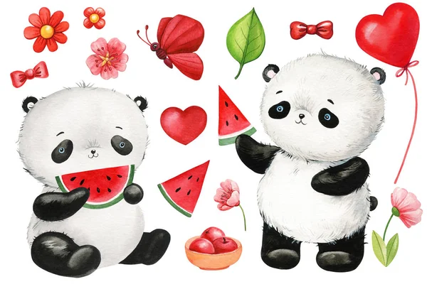 Cute cartoon panda and watermelon set on isolated background. Watercolor Illustration. Teddy panda bear, valentines day. High quality illustration