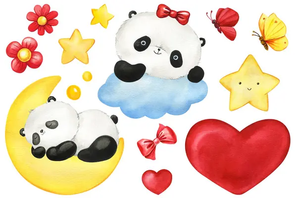 Panda sleeping on the moon hand drawn watercolor. Cute little panda isolated on white background. High quality illustration