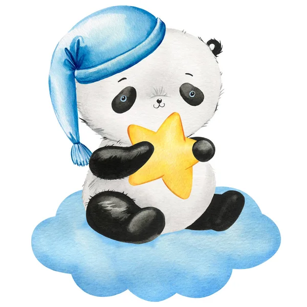 Panda sleeping on a cloud hand drawn in watercolor panda isolated on a white background. High quality illustration