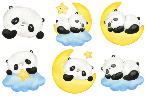 Set Panda, cloud and moon hand drawn watercolor Illustration. Cute little panda isolated white background. funny Animal. High quality illustration