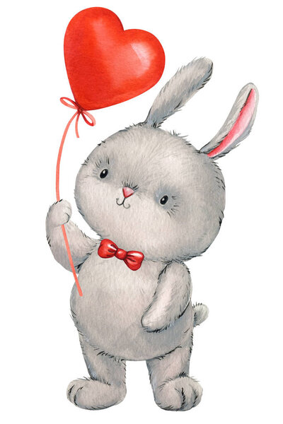 Cute bunny with balloon heart playing rabbit watercolor illustration isolated white background. Watercolor Valentins day. High quality illustration
