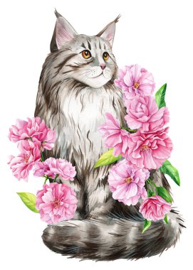 Pembe elma çiçekli şirin kedi, sakura. Suluboya resim çizimi, tasarım için bahar hayvanı, poster, kartlar. Yüksek kaliteli illüstrasyon
