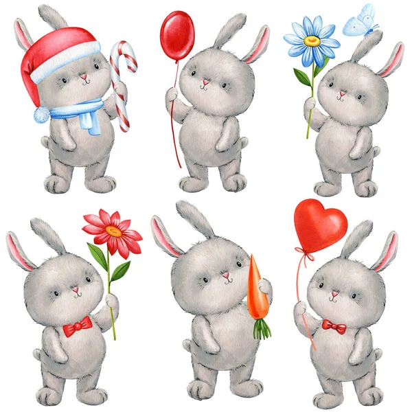 cute bunny set. playing rabbit watercolor illustration isolated on white background. Watercolor funny bunnies . High quality illustration