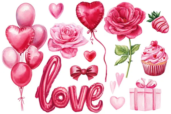 Amor Definir Elementos Doces Sobre Fundo Branco Isolado Balões Cardíacos — Fotografia de Stock