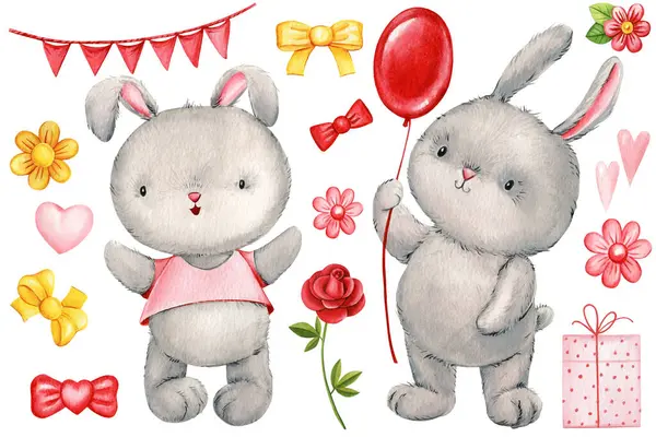 Cute bunny set. playing rabbit watercolor illustration isolated on white background. Watercolor funny bunnies clipart. High quality illustration