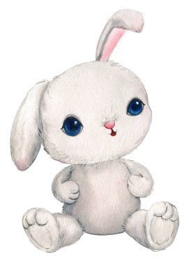 Çizgi film tavşanı, beyaz arka planda izole edilmiş gri tavşan suluboya çizimi. Suluboya komik tavşanlar. Yüksek kaliteli illüstrasyon