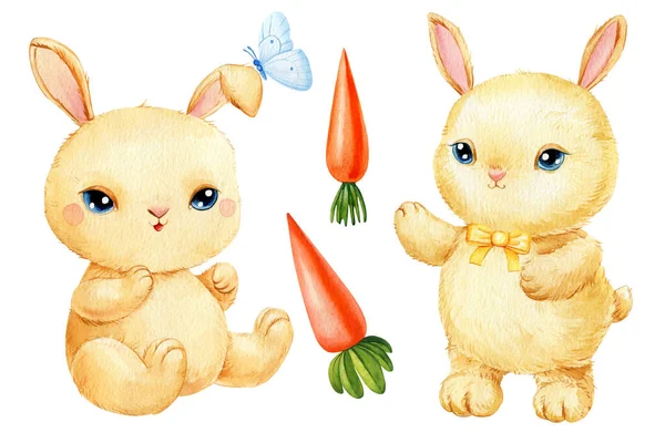 Cartoon Cute bunny on isolated white background. Watercolor hand drawn illustration. Set of cute animals. High quality illustration