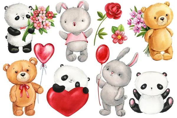 Cute baby animal bunny, pandas and teddy bear Isolated elements hand-drawn, watercolor illustration set cartoon animals. High quality illustration