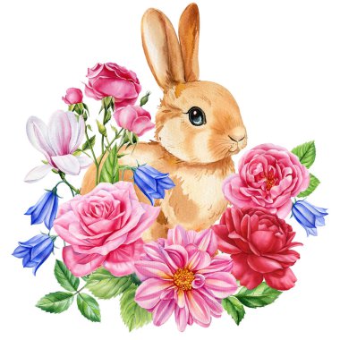 Güzel tavşancık, bahar çiçekli dallar izole edilmiş beyaz arka plan. Elle çizilmiş suluboya, Paskalya tatili. Yüksek kaliteli illüstrasyon