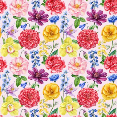 Kusursuz desen, suluboya çiçekleri orkide, ekinezya, haşhaş ve gül. Duvar kağıdı desenli çiçek arkaplanı. Botanik parmak izi. Yüksek kaliteli illüstrasyon