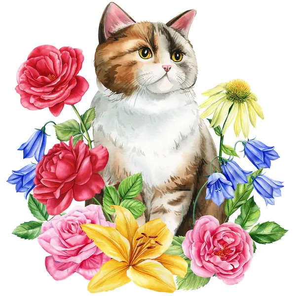 Beautiful cats set and branches with spring flowers of roses, roses, lily, bluebell isolated white background. Watercolor Hand-drawn clipart. High quality illustration