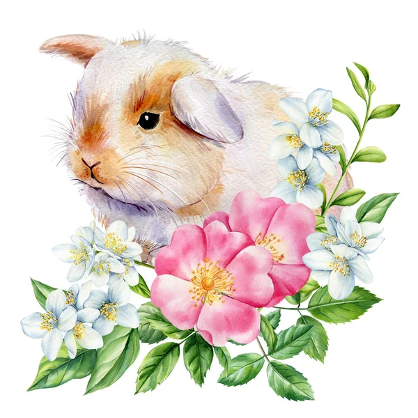 Little bunny and flowers on an isolated white background, watercolor illustration, cute animal, easter bunny. spring rabbit. High quality illustration